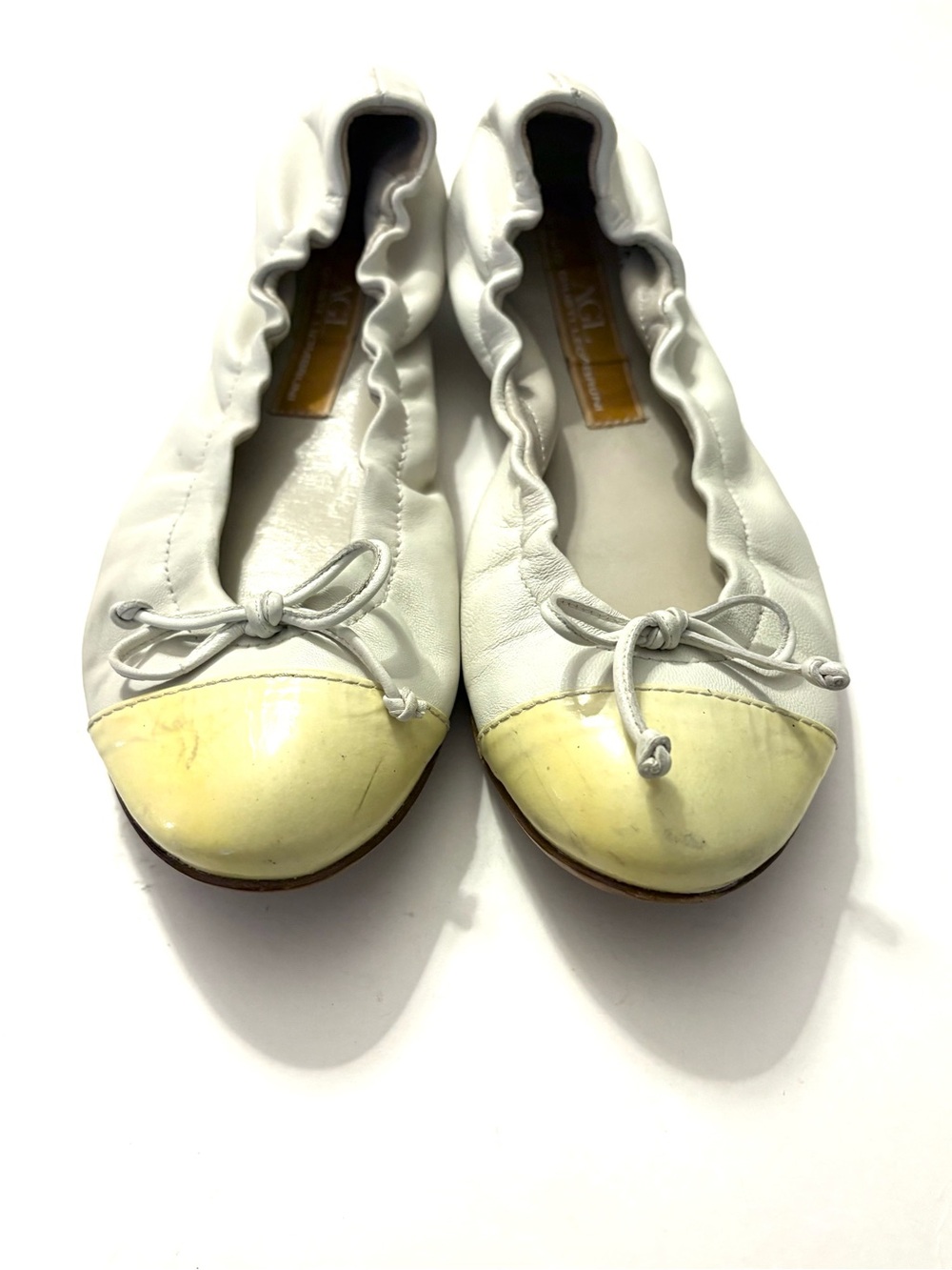 AGL Attilio Giusti Leombruni Ballet Flats Off White Leather Yellow Cap Toe Shoes